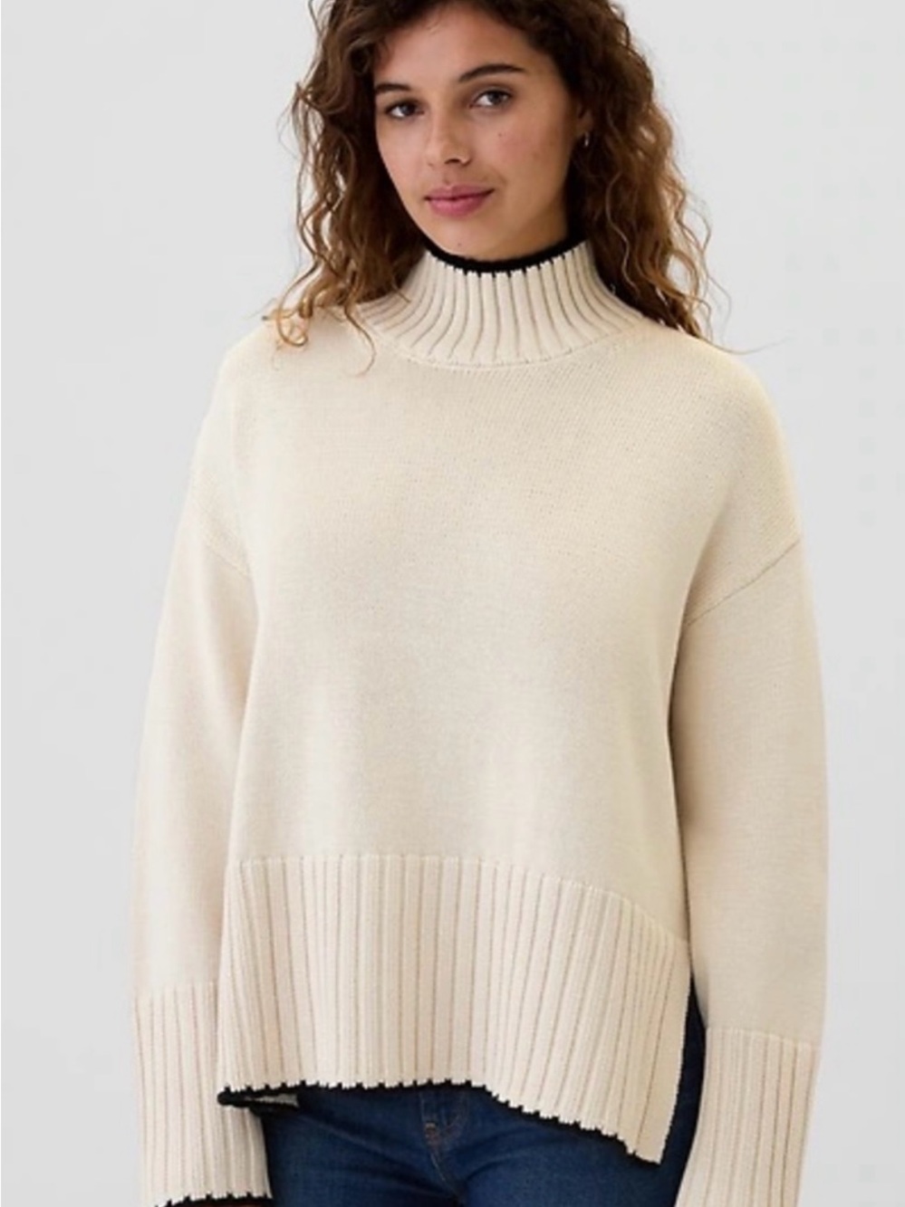 GAP Cream Mock Neck Sweater with Contrast Trim - 100% Cotton